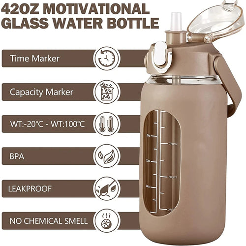 1000ML Glass Water Bottles With Straw, Glass Bottle With Silicone Sleeve And Time Marker, For Gym Home Office