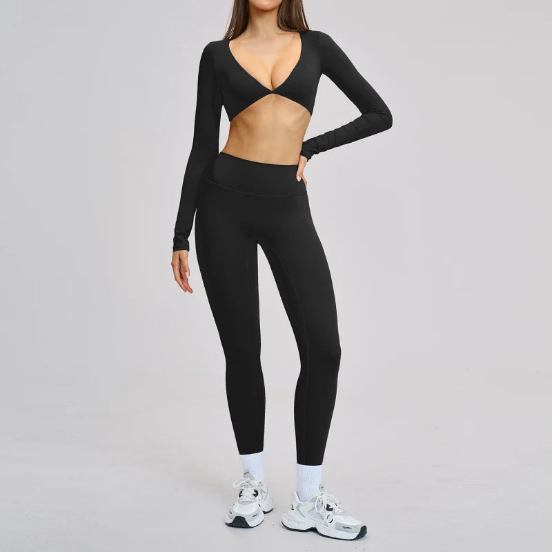 Gym Outfits Women Yoga Suit 2PCS Sports Set Running Fitness Sets Halter Neck Beauty Back Long Sleeve Leggings Workout Clothes