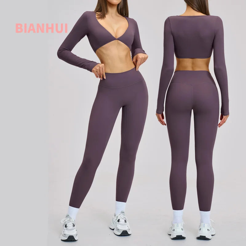 Gym Outfits Women Yoga Suit 2PCS Sports Set Running Fitness Sets Halter Neck Beauty Back Long Sleeve Leggings Workout Clothes