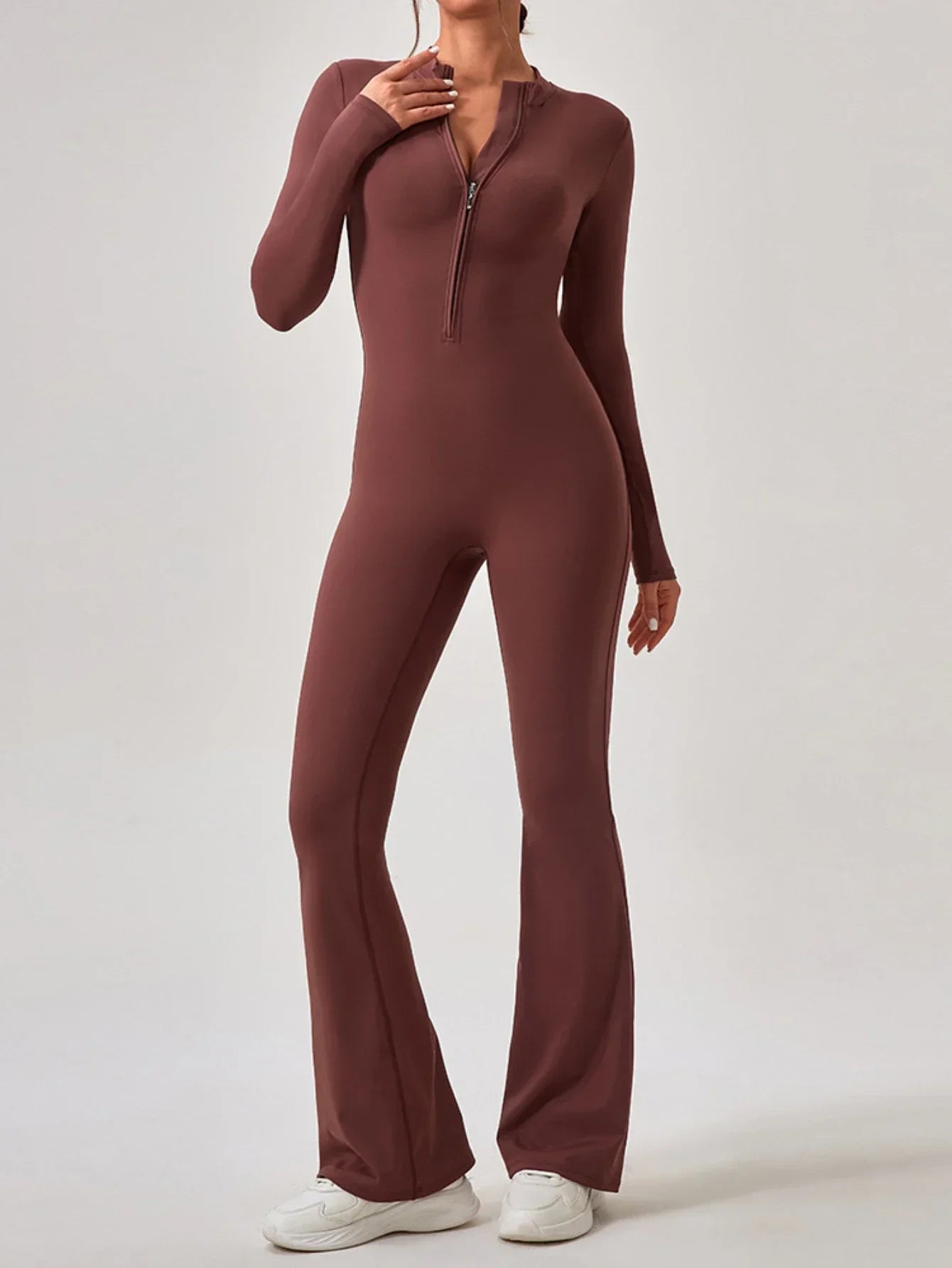 Yoga Jumpsuit Women's Sport Bodysuit Solid Color Zipper Long Sleeve Pants Bell-bottoms Sexy Slimming Fitness Wear 2025 New