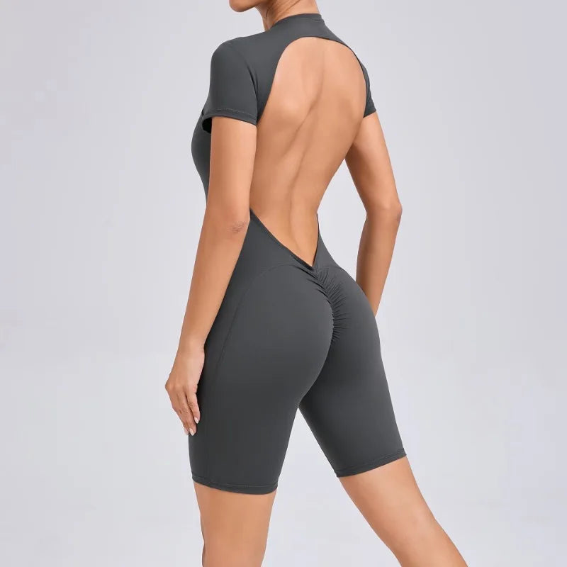 Seamless Yoga Jumpsuits Sports Fitness Hip-lifting Zipper Backless Short-Sleeved Dance One-piece Workout Gym Tracksuit for Women