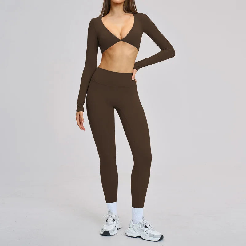 Gym Outfits Women Yoga Suit 2PCS Sports Set Running Fitness Sets Halter Neck Beauty Back Long Sleeve Leggings Workout Clothes