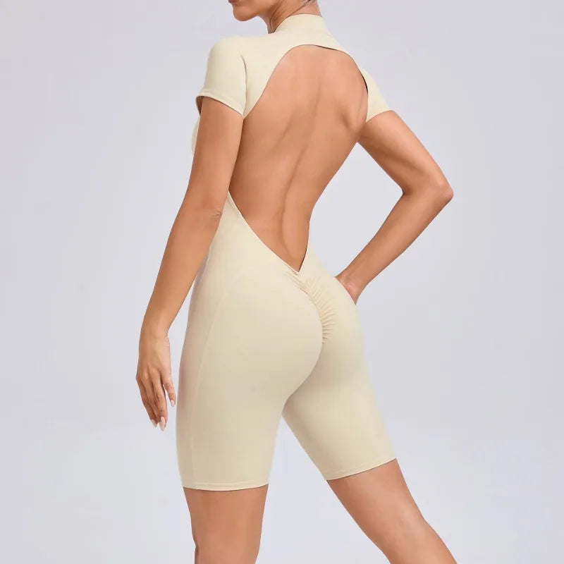 Seamless Yoga Jumpsuits Sports Fitness Hip-lifting Zipper Backless Short-Sleeved Dance One-piece Workout Gym Tracksuit for Women