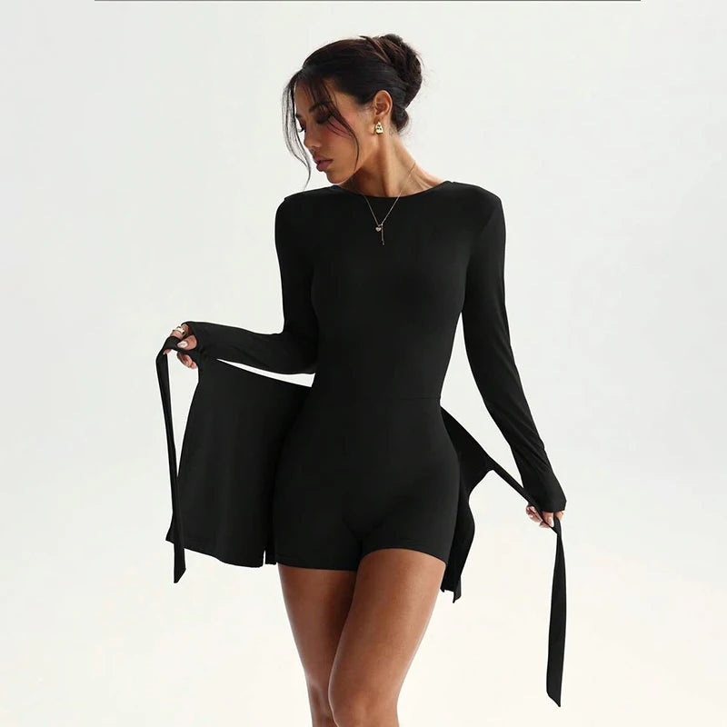 Women Yoga Short Sports Jumpsuit Long Sleeved Sarong Wrap Skirt Gym Clothes One-piece Suit Female Outdoor Recreation Bodysuits
