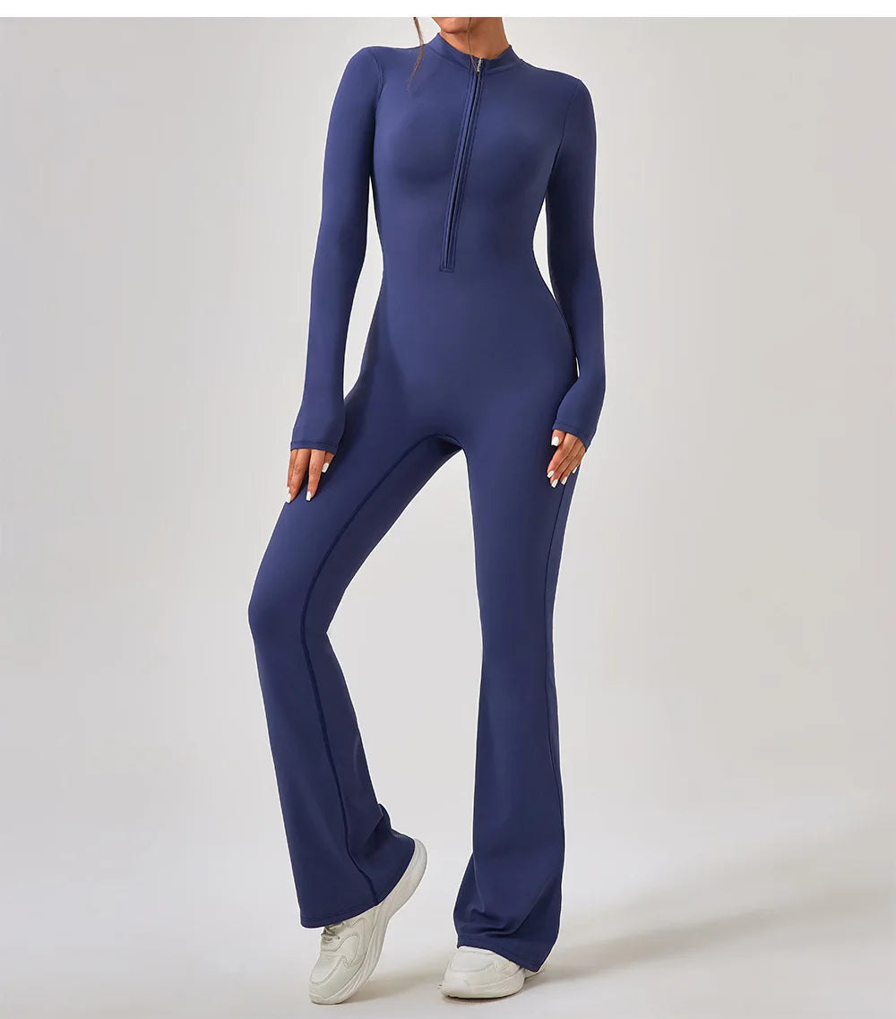 Yoga Jumpsuit Women's Sport Bodysuit Solid Color Zipper Long Sleeve Pants Bell-bottoms Sexy Slimming Fitness Wear 2025 New