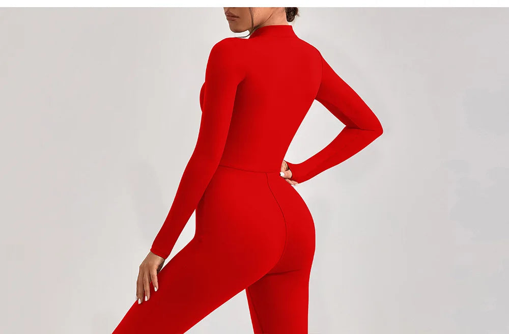 Yoga Jumpsuit Women's Sport Bodysuit Solid Color Zipper Long Sleeve Pants Bell-bottoms Sexy Slimming Fitness Wear 2025 New