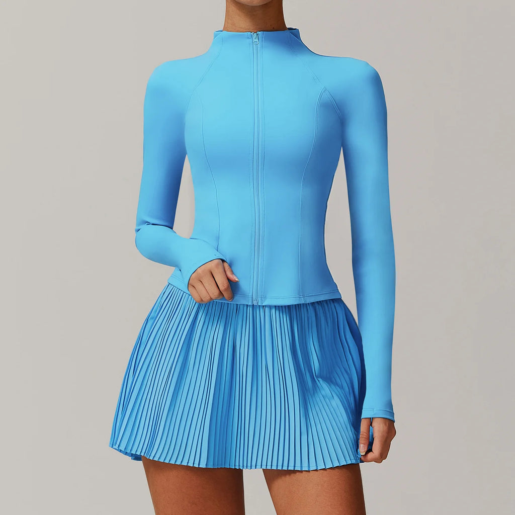 Yoga Sets Workout Sets for Women 2 Pieces Gym Suits Long Sleeved Outfits Zipper Fitness Jacket Running Short Skirt Sportswear