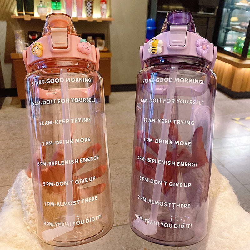 2 Liter Big Water Bottle With Straw Outdoor Sports Female Travel bottles Fitness Cup Summer Cold Water Jug with Time Marker