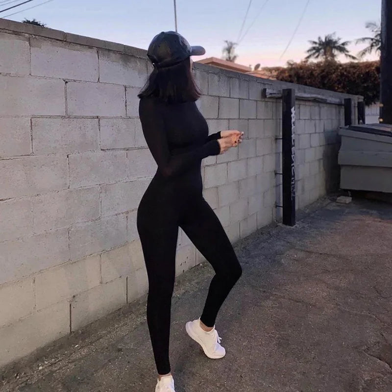 2025 Spring New Women's Long Sleeve Slimming High Waist and Hip Lifting Sports Jumpsuit Sexy and Fashion Small Foot Tight Pants