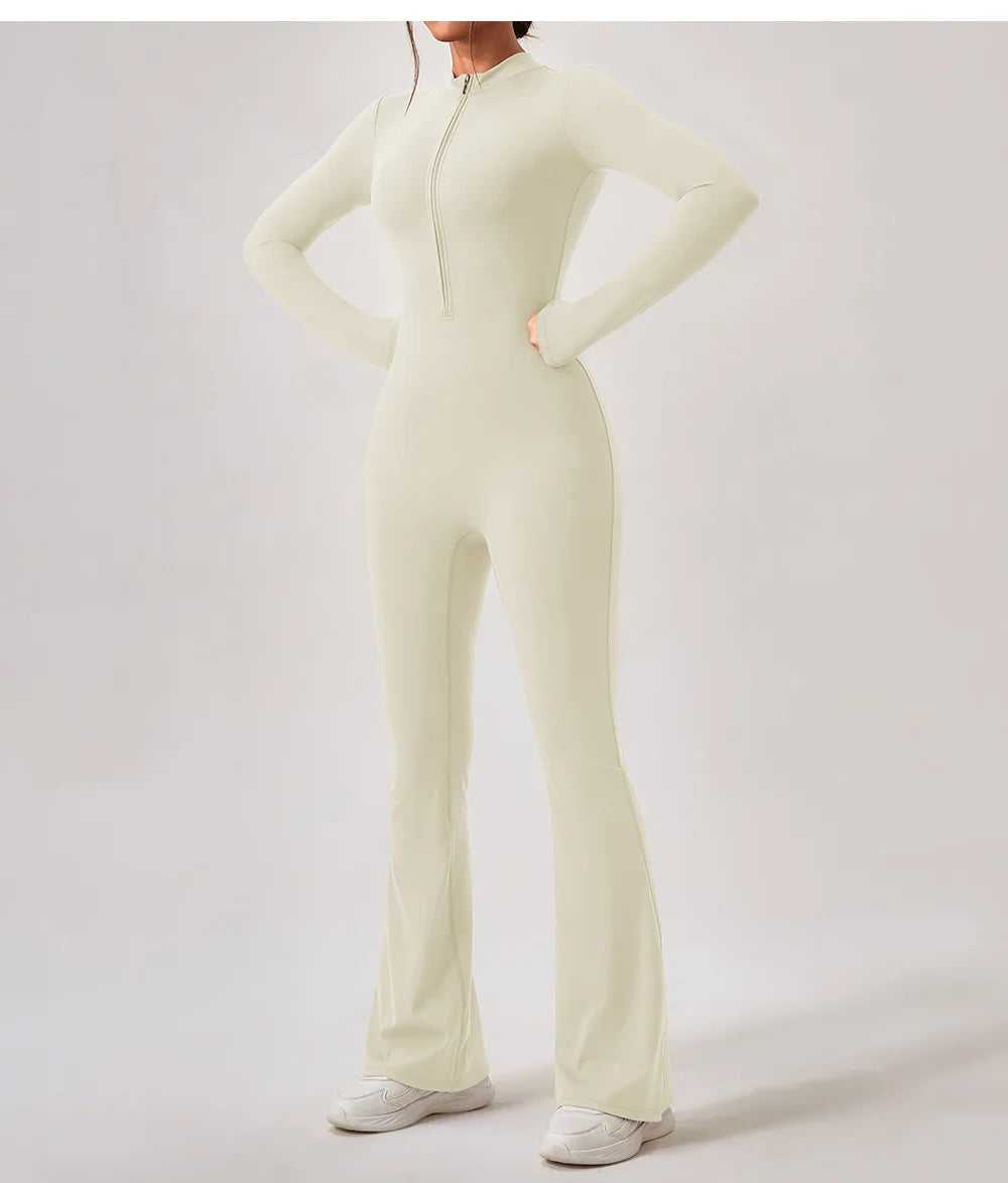 Yoga Jumpsuit Women's Sport Bodysuit Solid Color Zipper Long Sleeve Pants Bell-bottoms Sexy Slimming Fitness Wear 2025 New