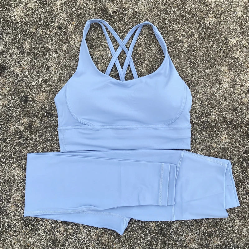 Yoga Set 2 Piece Set Gym Sports Set Women Workout Clothes Fitness Suit Cross Straps Bra High Waist Leggings Running Tracksuit