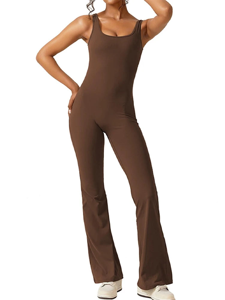 2025 Summer New Women's Slim Hip Lifting Jumpsuit U Neck Sexy Hottie Backless Sleeveless Flared Pants Sports Yoga Wear