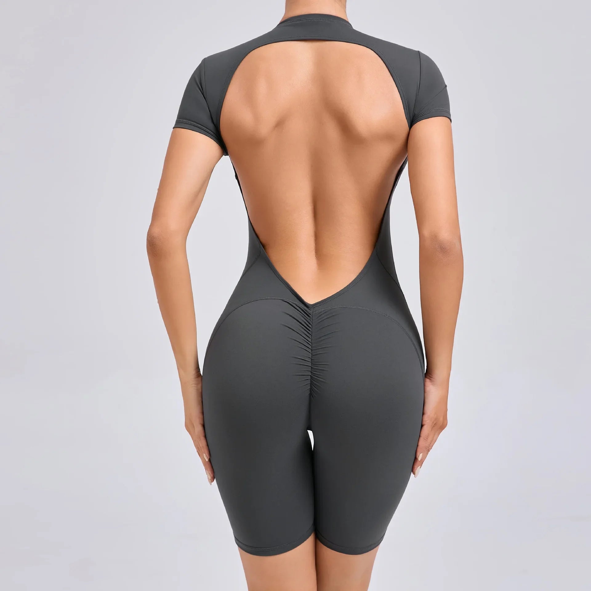 Seamless Yoga Jumpsuits Sports Fitness Hip-lifting Zipper Backless Short-Sleeved Dance One-piece Workout Gym Tracksuit for Women