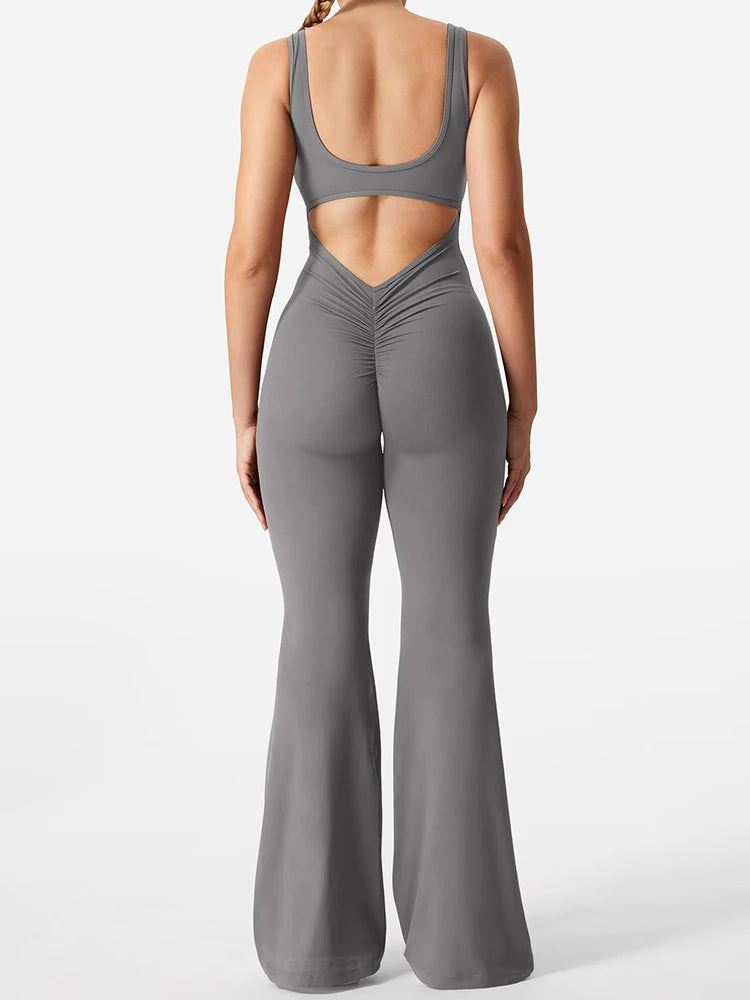 2025 Summer New Women's Slim Hip Lifting Jumpsuit U Neck Sexy Hottie Backless Sleeveless Flared Pants Sports Yoga Wear