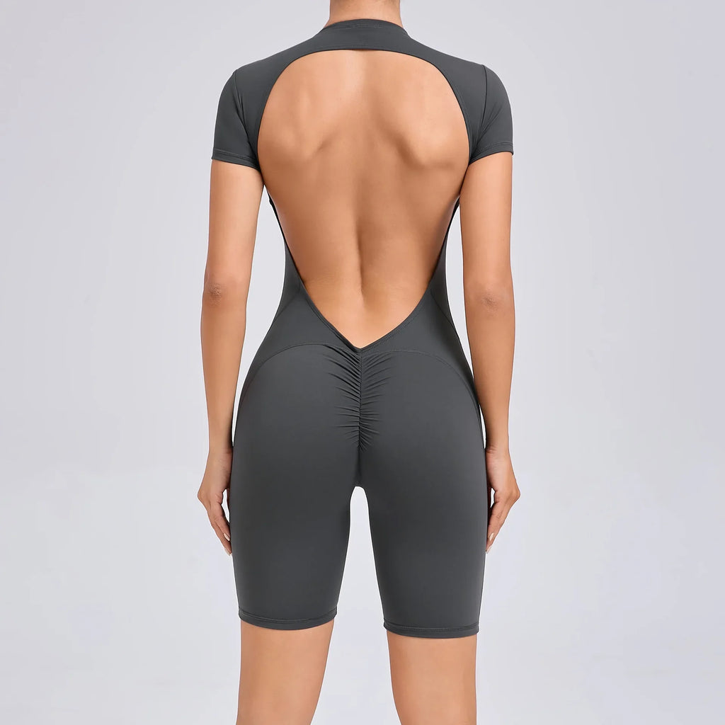 Seamless Yoga Jumpsuits Sports Fitness Hip-lifting Zipper Backless Short-Sleeved Dance One-piece Workout Gym Tracksuit for Women