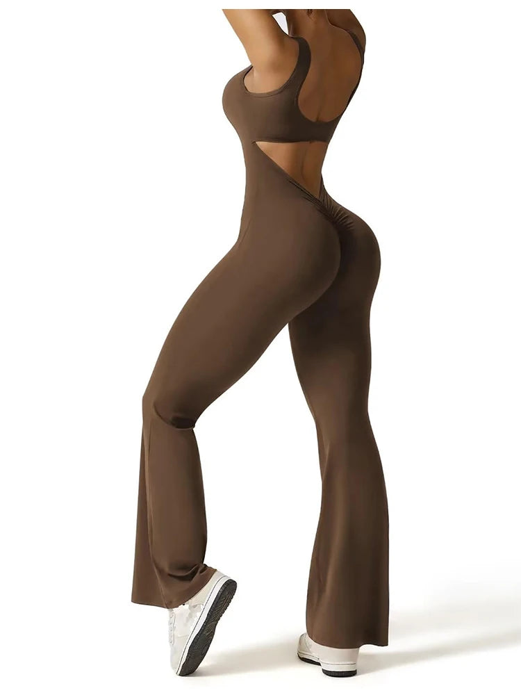 2025 Summer New Women's Slim Hip Lifting Jumpsuit U Neck Sexy Hottie Backless Sleeveless Flared Pants Sports Yoga Wear