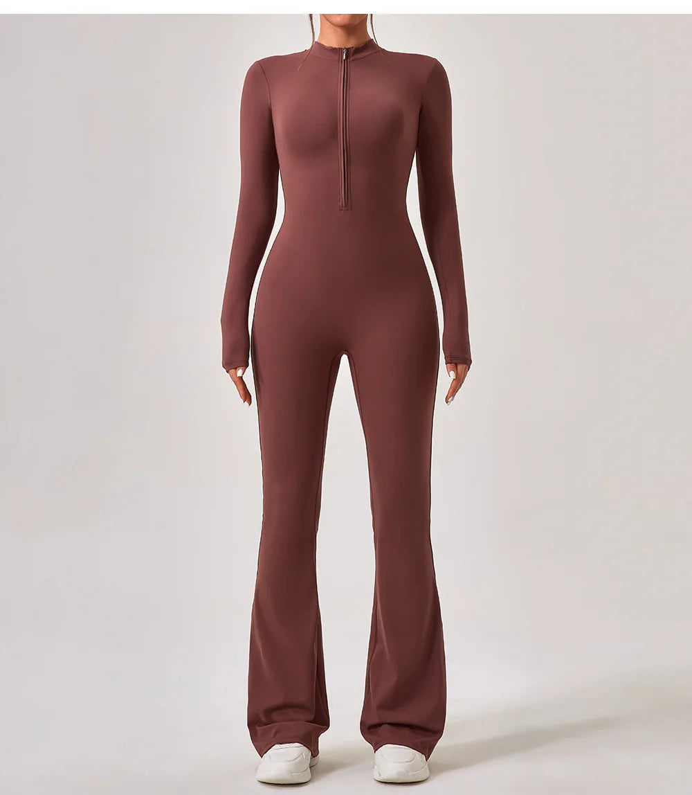 Yoga Jumpsuit Women's Sport Bodysuit Solid Color Zipper Long Sleeve Pants Bell-bottoms Sexy Slimming Fitness Wear 2025 New