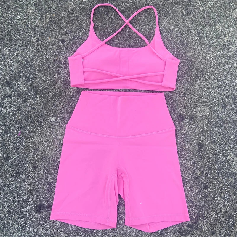 Yoga Set 2 Piece Gym Sports Set Women Workout Outfit Fitness Suit Cross Straps Bra High Waist Shorts Running Tracksuit