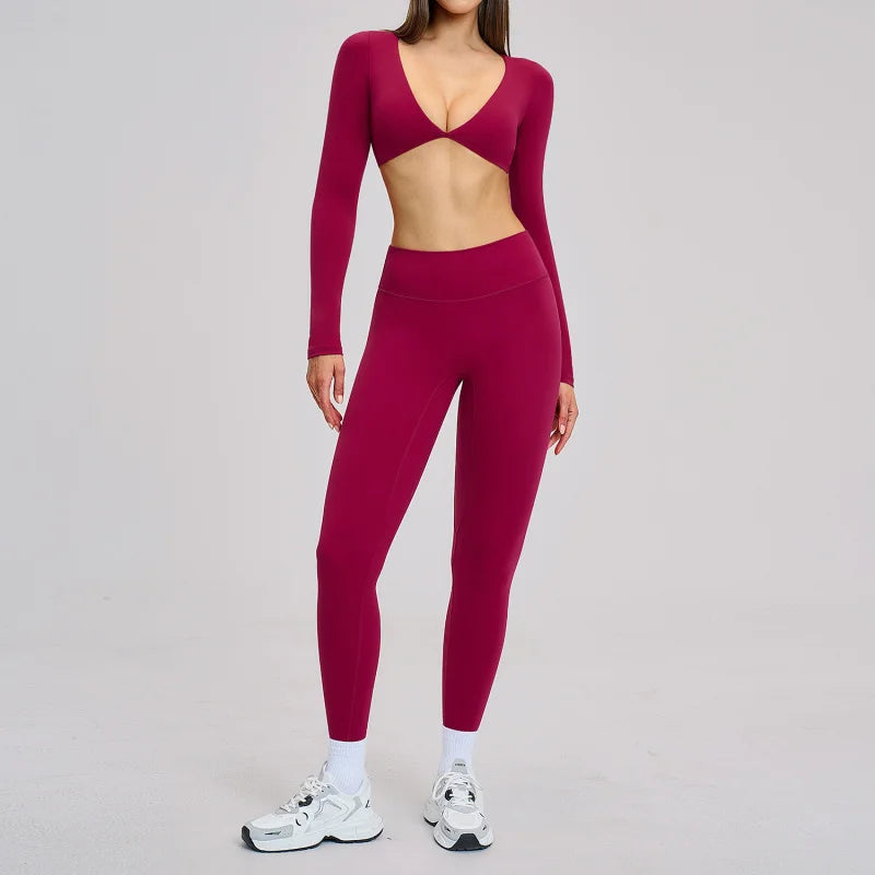 Gym Outfits Women Yoga Suit 2PCS Sports Set Running Fitness Sets Halter Neck Beauty Back Long Sleeve Leggings Workout Clothes