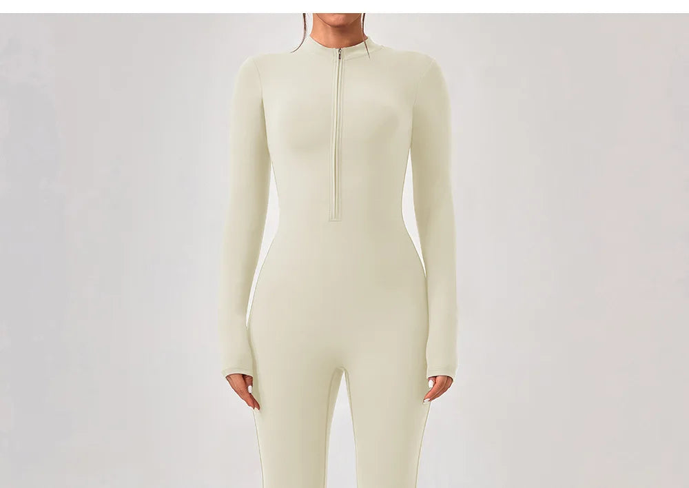 Yoga Jumpsuit Women's Sport Bodysuit Solid Color Zipper Long Sleeve Pants Bell-bottoms Sexy Slimming Fitness Wear 2025 New