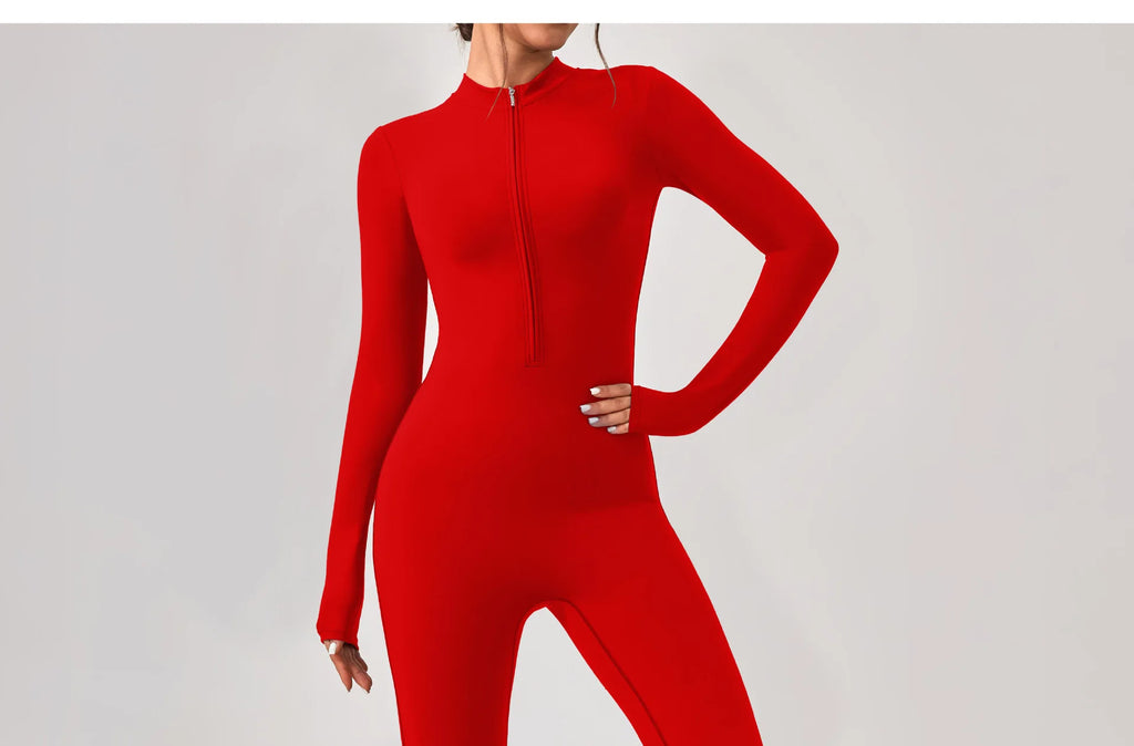 Yoga Jumpsuit Women's Sport Bodysuit Solid Color Zipper Long Sleeve Pants Bell-bottoms Sexy Slimming Fitness Wear 2025 New