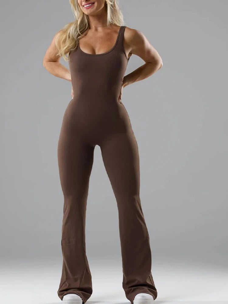 2025 Summer New Women's Slim Hip Lifting Jumpsuit U Neck Sexy Hottie Backless Sleeveless Flared Pants Sports Yoga Wear