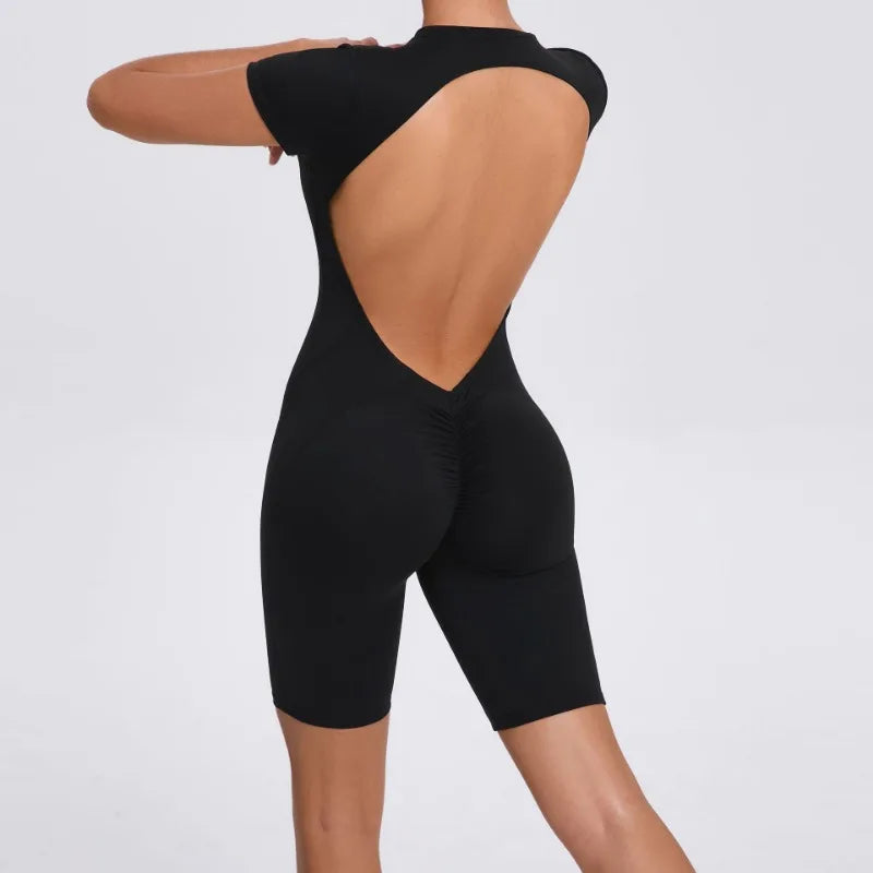 Seamless Yoga Jumpsuits Sports Fitness Hip-lifting Zipper Backless Short-Sleeved Dance One-piece Workout Gym Tracksuit for Women