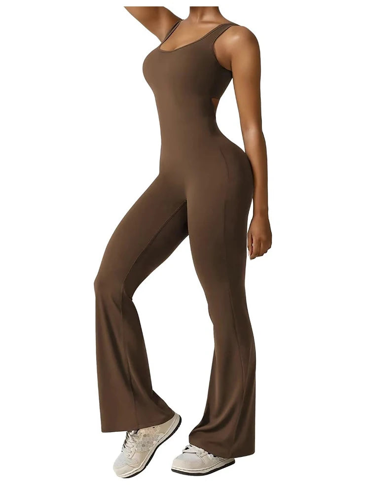 2025 Summer New Women's Slim Hip Lifting Jumpsuit U Neck Sexy Hottie Backless Sleeveless Flared Pants Sports Yoga Wear