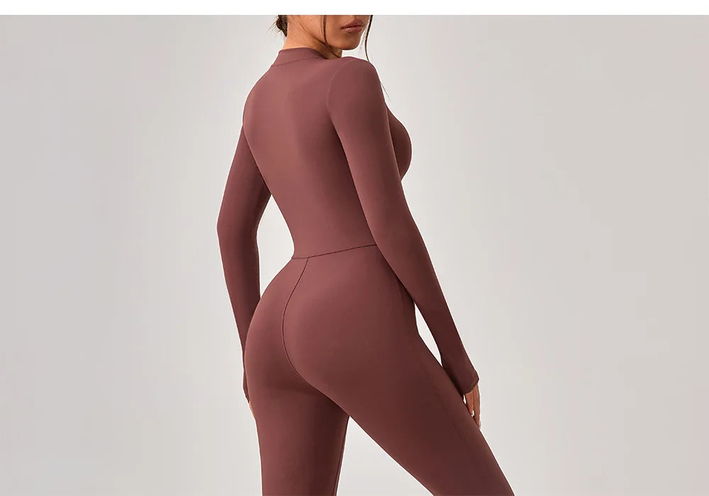 Yoga Jumpsuit Women's Sport Bodysuit Solid Color Zipper Long Sleeve Pants Bell-bottoms Sexy Slimming Fitness Wear 2025 New