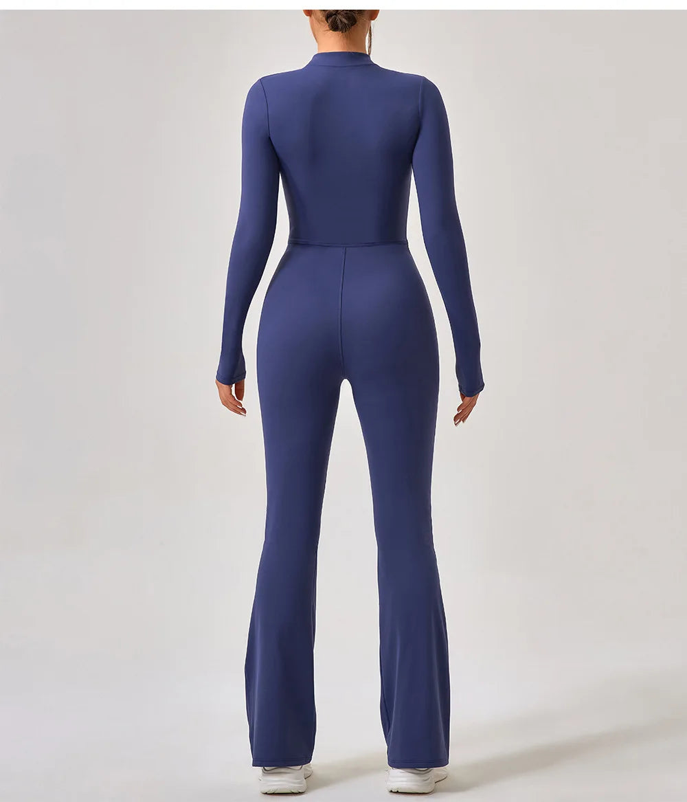 Yoga Jumpsuit Women's Sport Bodysuit Solid Color Zipper Long Sleeve Pants Bell-bottoms Sexy Slimming Fitness Wear 2025 New