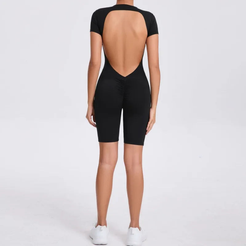 Seamless Yoga Jumpsuits Sports Fitness Hip-lifting Zipper Backless Short-Sleeved Dance One-piece Workout Gym Tracksuit for Women