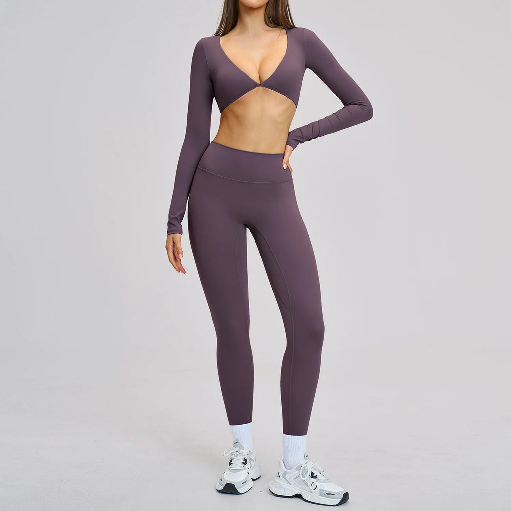 Gym Outfits Women Yoga Suit 2PCS Sports Set Running Fitness Sets Halter Neck Beauty Back Long Sleeve Leggings Workout Clothes