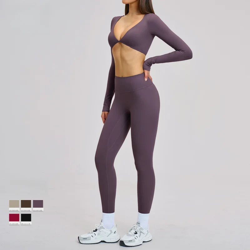 Gym Outfits Women Yoga Suit 2PCS Sports Set Running Fitness Sets Halter Neck Beauty Back Long Sleeve Leggings Workout Clothes