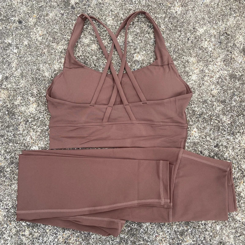 Yoga Set 2 Piece Set Gym Sports Set Women Workout Clothes Fitness Suit Cross Straps Bra High Waist Leggings Running Tracksuit