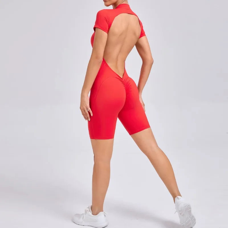 Seamless Yoga Jumpsuits Sports Fitness Hip-lifting Zipper Backless Short-Sleeved Dance One-piece Workout Gym Tracksuit for Women
