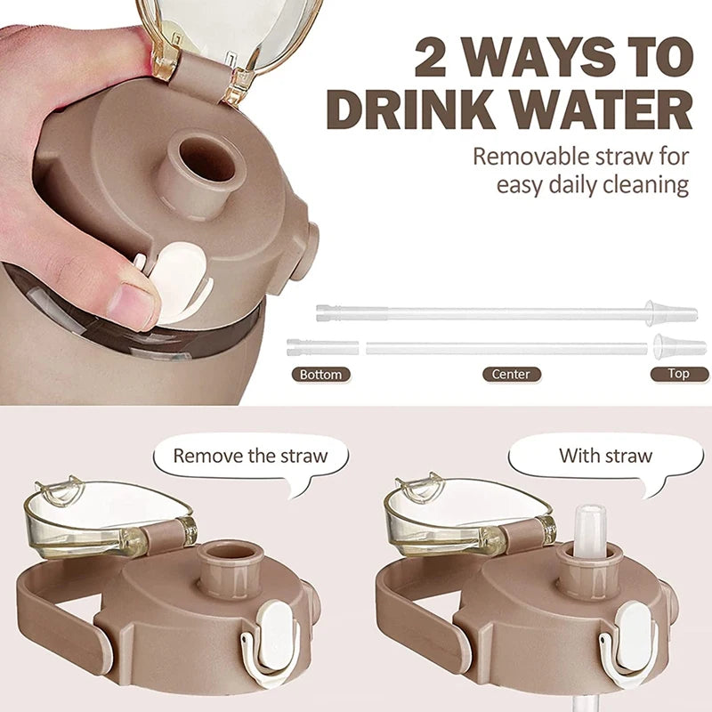 1000ML Glass Water Bottles With Straw, Glass Bottle With Silicone Sleeve And Time Marker, For Gym Home Office