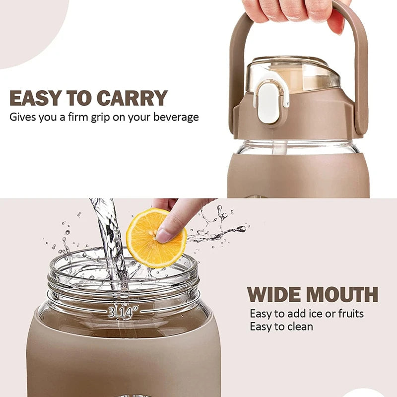 1000ML Glass Water Bottles With Straw, Glass Bottle With Silicone Sleeve And Time Marker, For Gym Home Office
