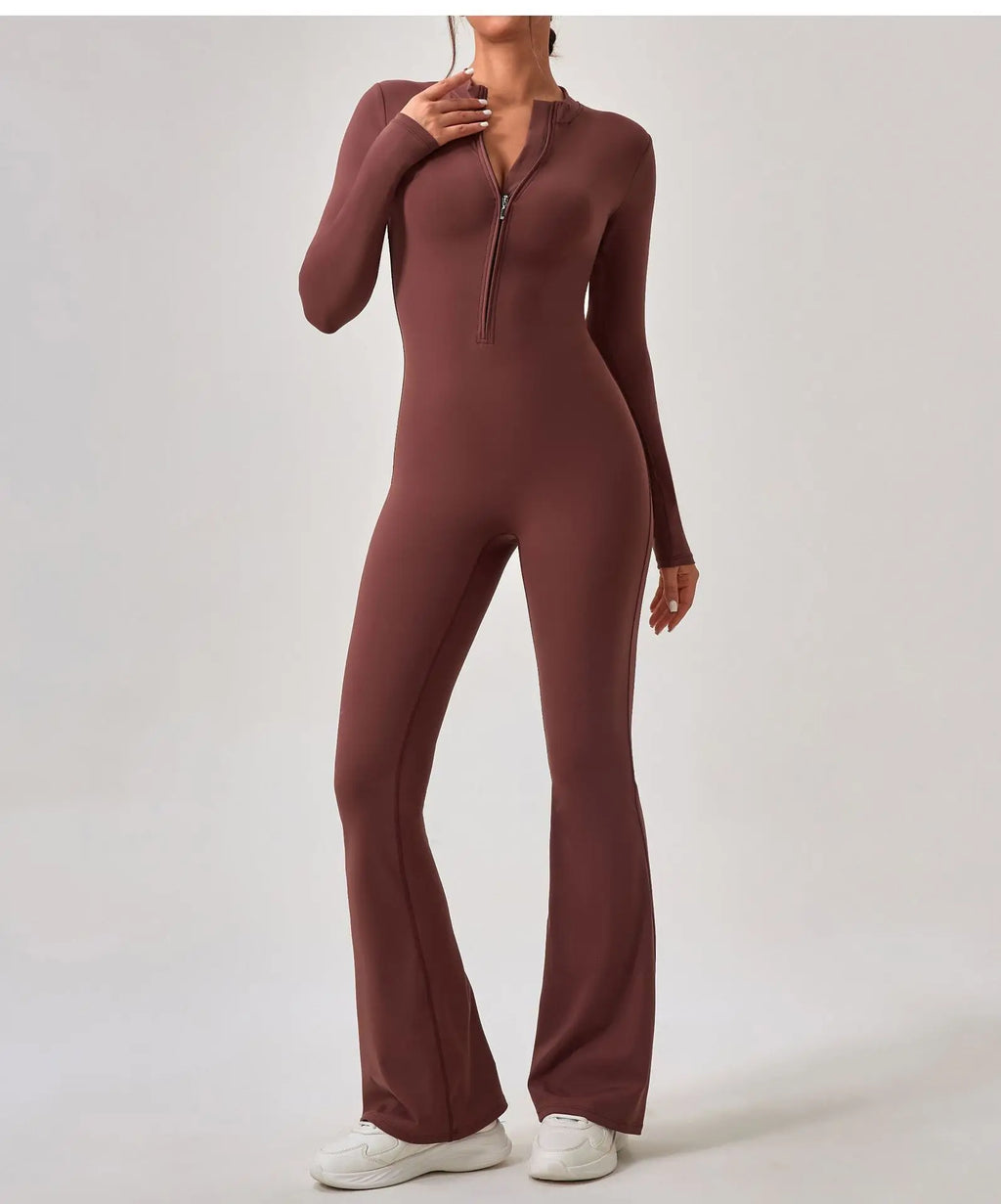 Yoga Jumpsuit Women's Sport Bodysuit Solid Color Zipper Long Sleeve Pants Bell-bottoms Sexy Slimming Fitness Wear 2025 New