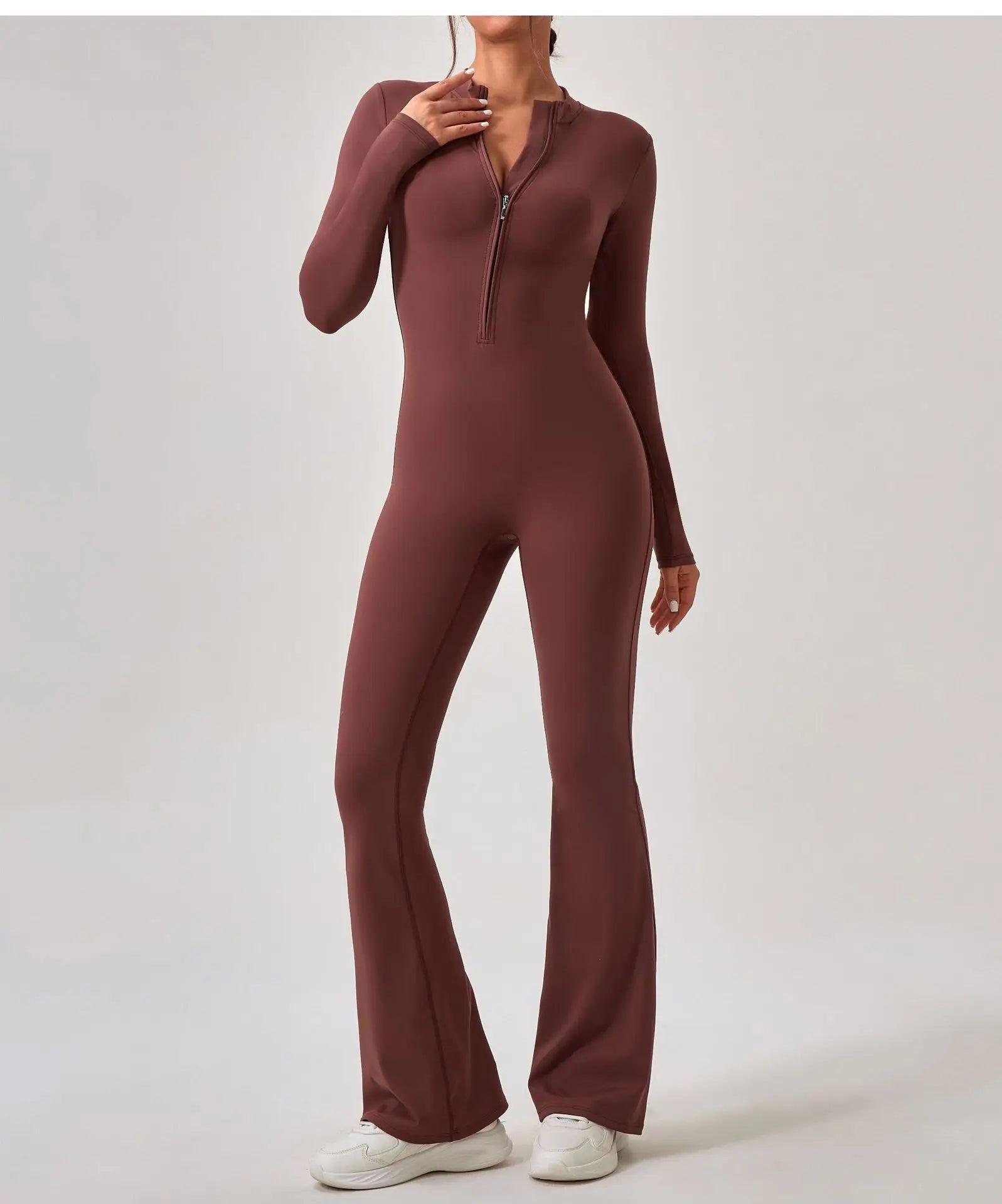 Yoga Jumpsuit Women's Sport Bodysuit Solid Color Zipper Long Sleeve Pants Bell-bottoms Sexy Slimming Fitness Wear 2025 New