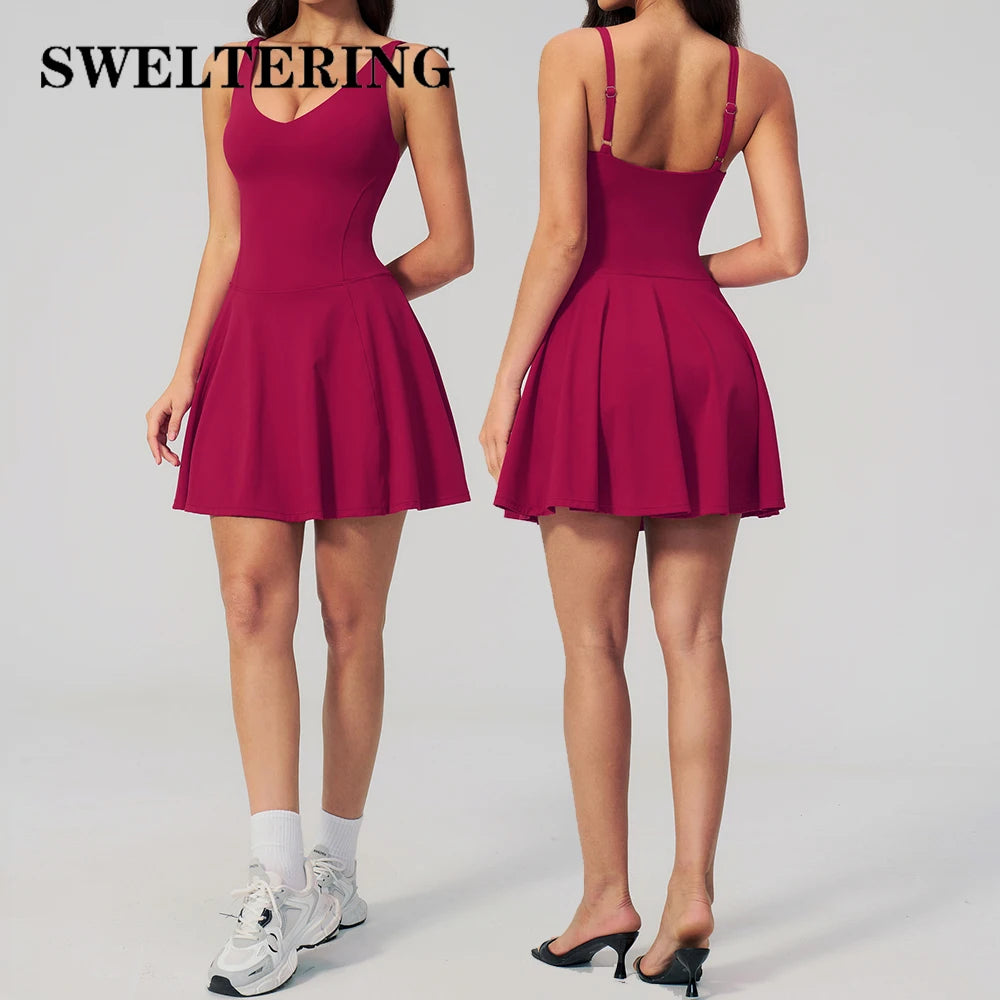 Yoga Bodysuit Women Fitness Jumpsuit Sexy Sport Workout One-Piece Jumpsuit Dance Ballet Sports Dress Female Running Tennis Skirt