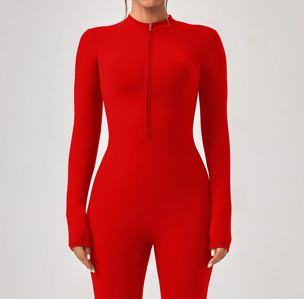 Yoga Jumpsuit Women's Sport Bodysuit Solid Color Zipper Long Sleeve Pants Bell-bottoms Sexy Slimming Fitness Wear 2025 New