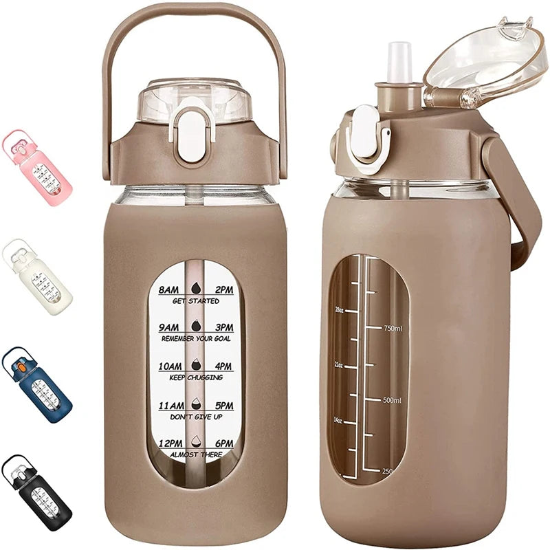 1000ML Glass Water Bottles With Straw, Glass Bottle With Silicone Sleeve And Time Marker, For Gym Home Office