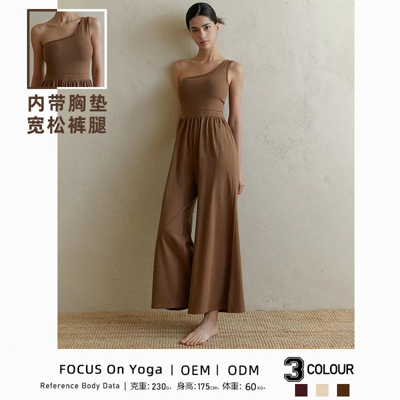 Sexy Women's Yoga Jumpsuit Quick-drying with Chest Pads High-waisted Slim Slim Bodysuit Fitness Exercise Loose Wide-leg Jumpsuit
