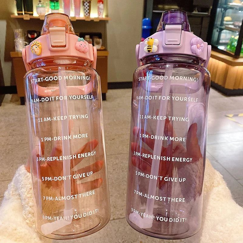 2 Liter Big Water Bottle With Straw Outdoor Sports Female Travel bottles Fitness Cup Summer Cold Water Jug with Time Marker