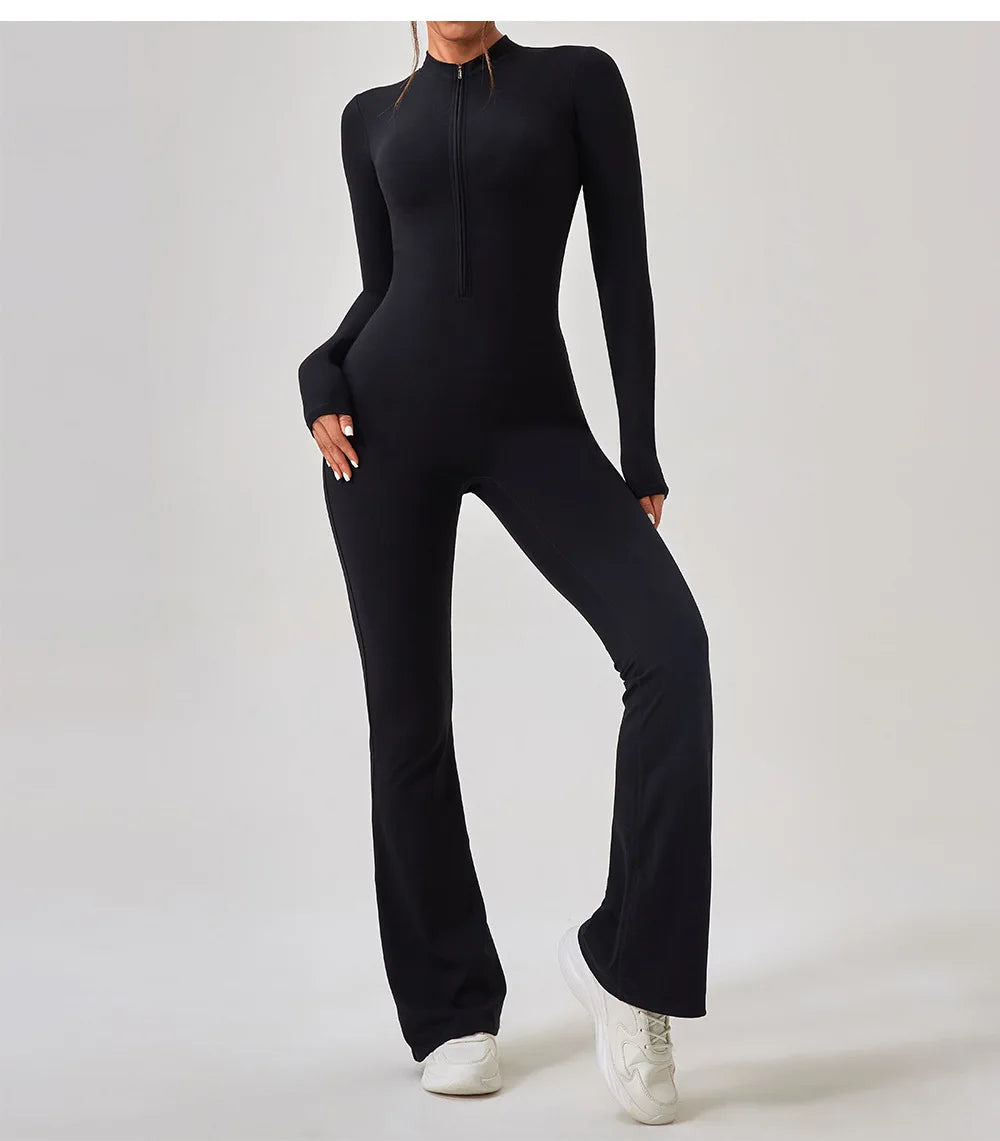 Yoga Jumpsuit Women's Sport Bodysuit Solid Color Zipper Long Sleeve Pants Bell-bottoms Sexy Slimming Fitness Wear 2025 New