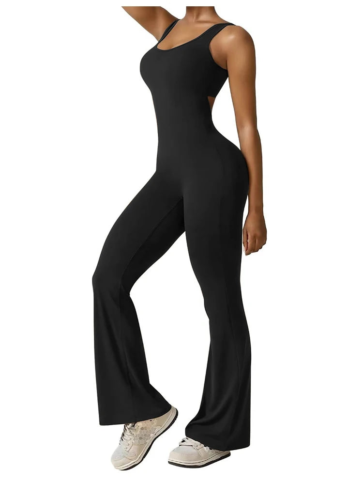 2025 Summer New Women's Slim Hip Lifting Jumpsuit U Neck Sexy Hottie Backless Sleeveless Flared Pants Sports Yoga Wear