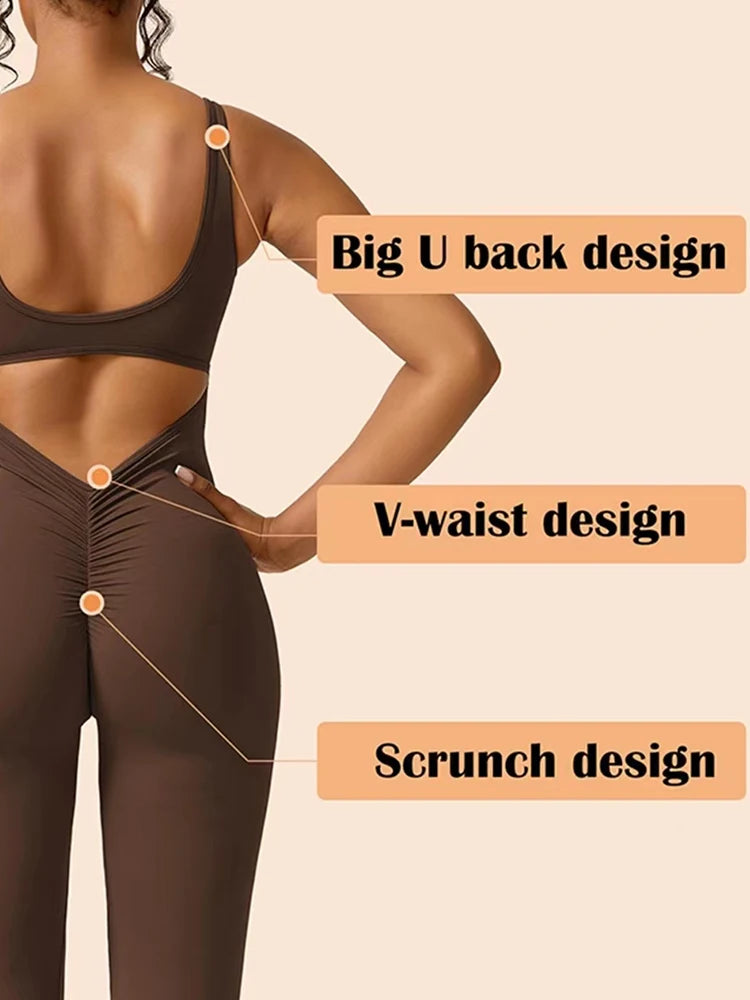 2025 Summer New Women's Slim Hip Lifting Jumpsuit U Neck Sexy Hottie Backless Sleeveless Flared Pants Sports Yoga Wear