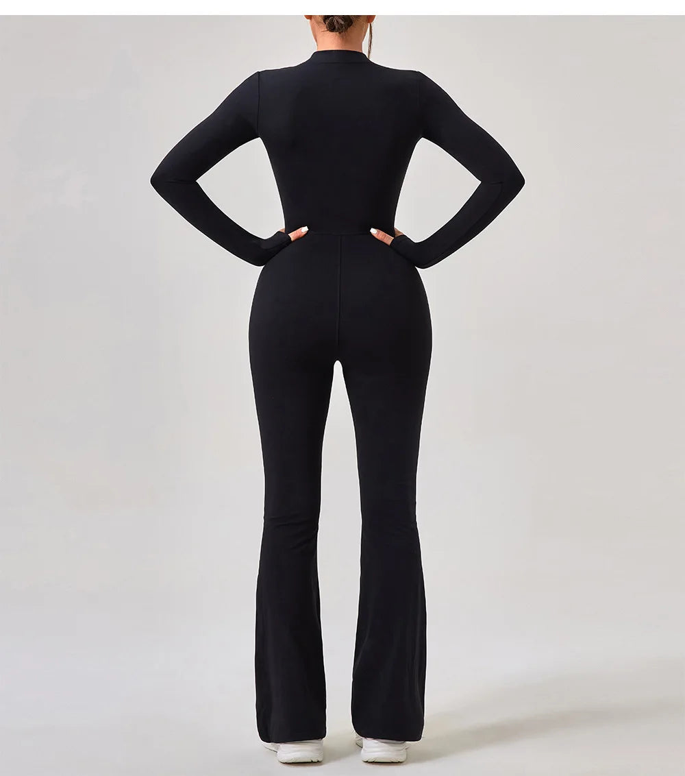 Yoga Jumpsuit Women's Sport Bodysuit Solid Color Zipper Long Sleeve Pants Bell-bottoms Sexy Slimming Fitness Wear 2025 New