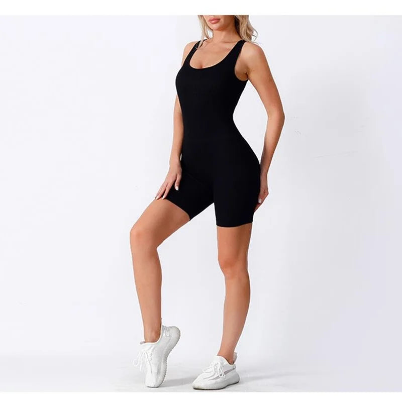 Summer Women Seamless Knit One-piece Yoga Suit Square Collar Jumpsuit Thread Sexy Go out Hip Lift Slim Shorts Jumpsuit