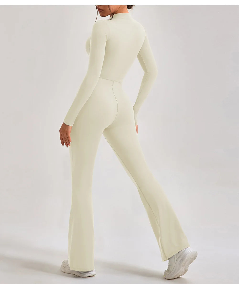Yoga Jumpsuit Women's Sport Bodysuit Solid Color Zipper Long Sleeve Pants Bell-bottoms Sexy Slimming Fitness Wear 2025 New